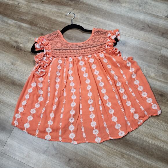 Miss me orange women's size medium embroidered cap sleeve top - Picture 4 of 9